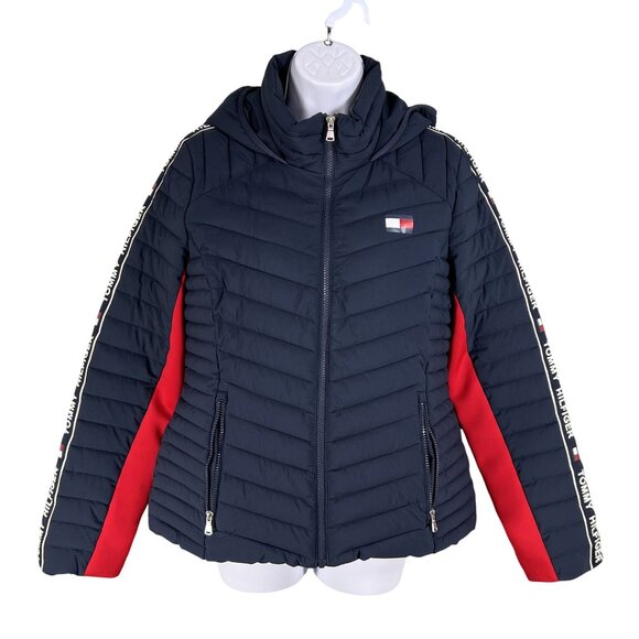Tommy Hilfiger Women M Puffer Hooded Jacket Branded Strip Down Sleeves Flag Logo - Picture 9 of 16